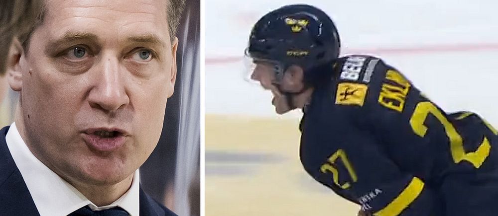 Delad bild. Till vänster en person i kostym, till höger en ishockeyspelare i svart-gul tröja.