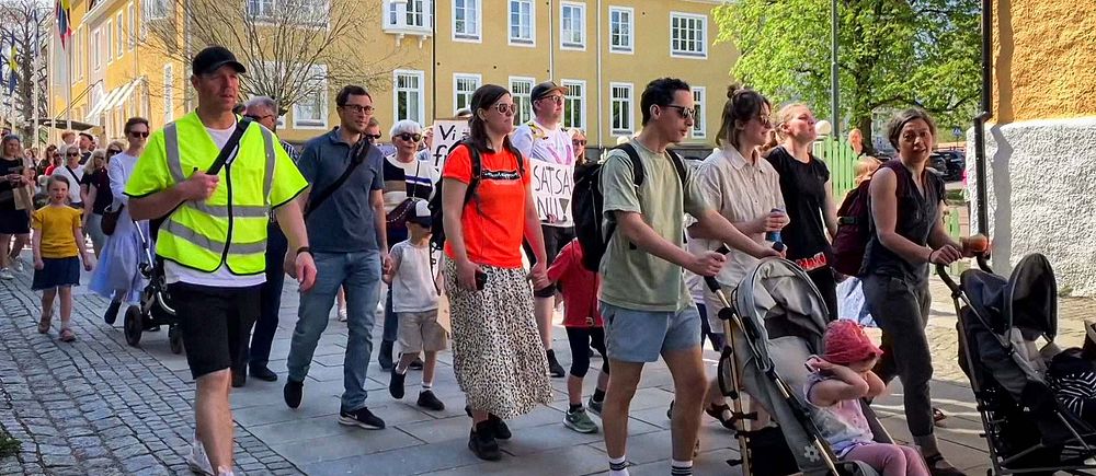 I bild syns ett demonstrationståg i Alingsås med banderoller där det står att man inte ska spara på barnen.