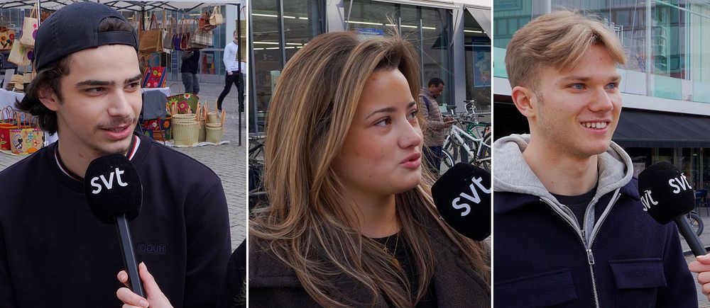 Tredelad bild. Tre personer intervjuas av SVT-mikrofoner på olika platser utomhus.