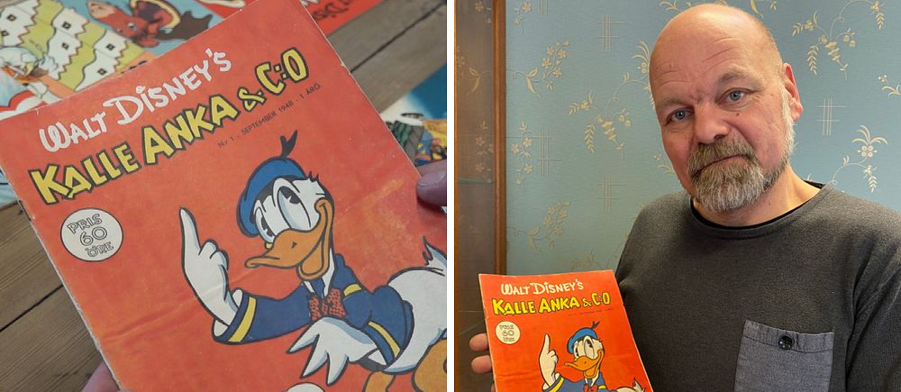 En man håller upp en Kalle Anka-tidning från 1948