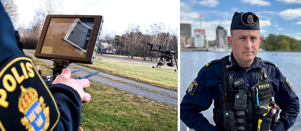 Delad bild. Till vänster: polis styr drönare utomhus. Till höger: polis står vid vattnet i Västerås.