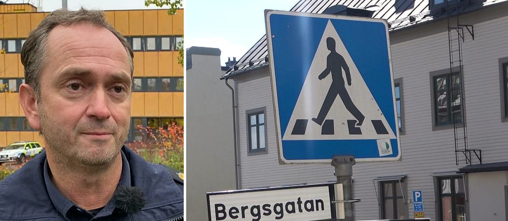 Delad bild. Till vänster: polis i uniform. Till höger: skylt vid korsning Bergsgatan/Nygatan.