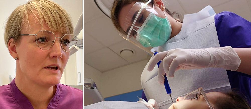 Tandläkare tittar i ett barns mun