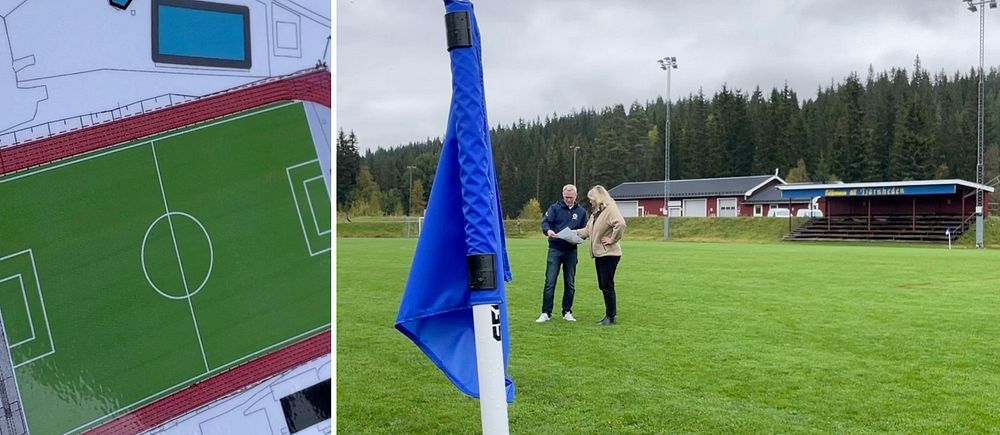 Delad bild – till vänster en bild på en karta som visar hur utbyggnationen av konstgräsplanen ska se ut söder om Sälen. Till höger en bild på två personer på en fotbollsplan som tittar på kartan.