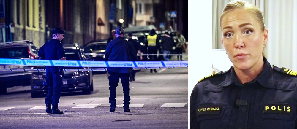 Poliser vid avspärrningsband vid mord i Vasastan i Stockholm