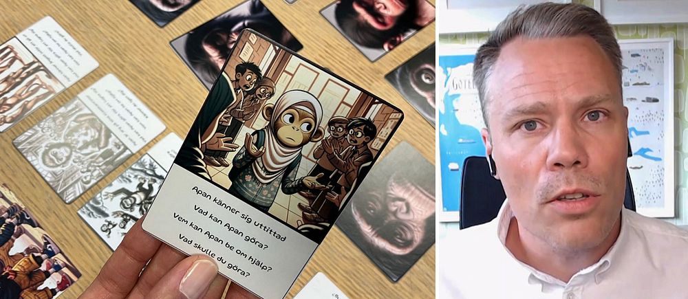Delad bild. Till vänster: Hand håller i en tecknad bild på en apa i slöja, omgiven av människor. Till höger: Daniel Bernman, vänsterpartist och vice ordförande i kommunstyrelsen i Göteborg, iklädd vit skjorta.