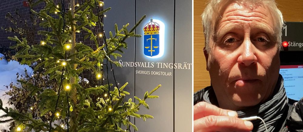 Entren till Sundsvalls tingsrätt med en julgran utanför. Även bild på reportern Patric Sellén.
