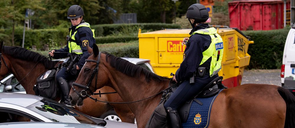 Två ridande poliser på bruna hästar.