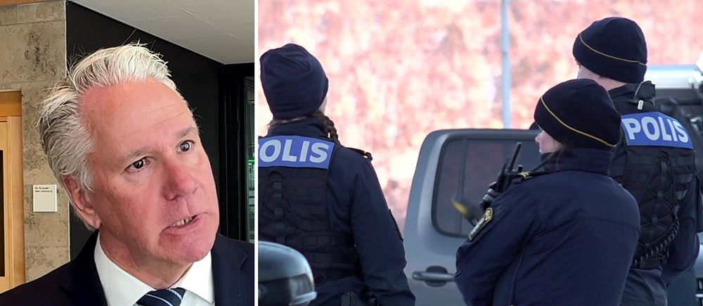 Tor Åström försvaradvokat, man med grått hår och slips och kostym. Bild 2 tre uniformerade poliser stor med ryggen mot kameran