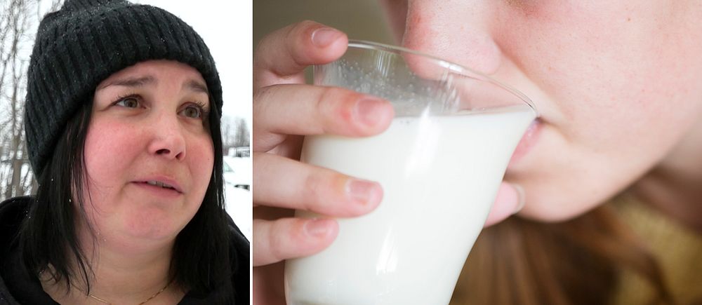 Föräldern Carolina Tapani i Kiruna och ett barn som dricker skolmjölk.