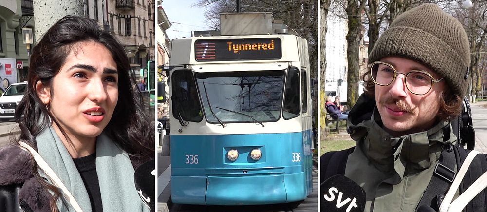 Resenärer och en spårvagn i Göteborg.