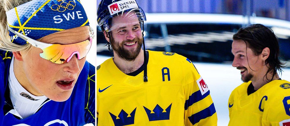 En splitbild med skidåkaren Frida Karlsson till vänster samt ishockeyspelarna Victor Hedman och Erik Karlsson i gula landslagströjor.