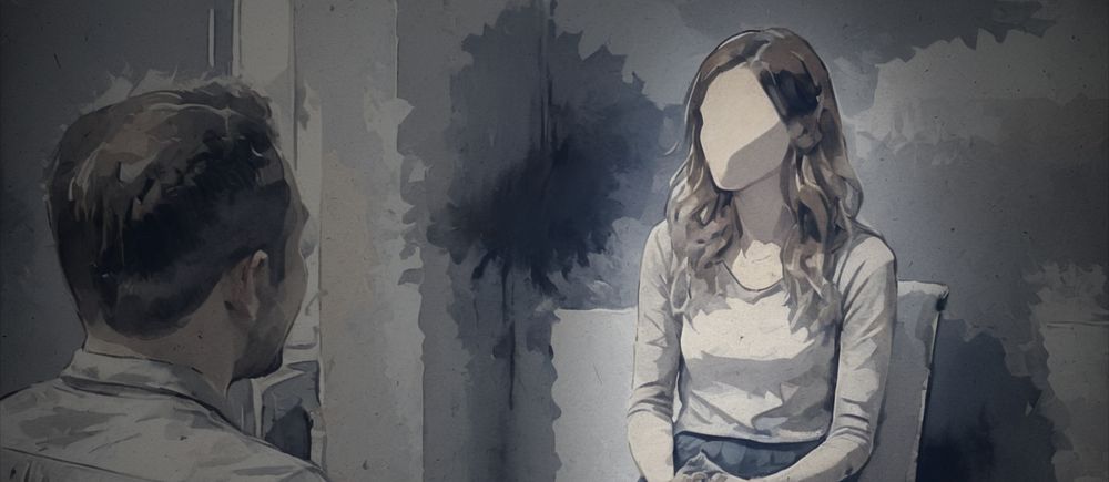 Illustration av ett samtal mellan två personer där kvinnans ansikte är suddat.