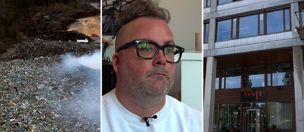 Tredelad bild. Till vänster: rök vid avfallshög i Botkyrka. I mitten: person i vit tröja. Till höger: entré till byggnad med WSP-skylt.