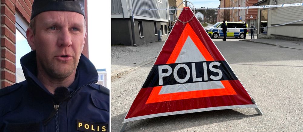 Delad bild. Till vänster polis i uniform, till höger avspärrning och polisskylt på gata.