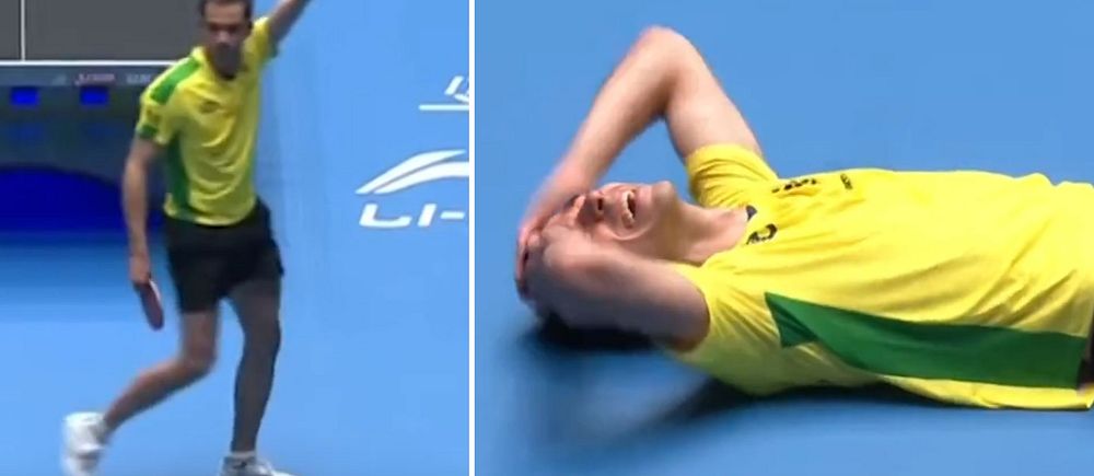Tvådelad bild. Till vänster: tennisidare firar seger. Till höger: utmattad spelare på marken.