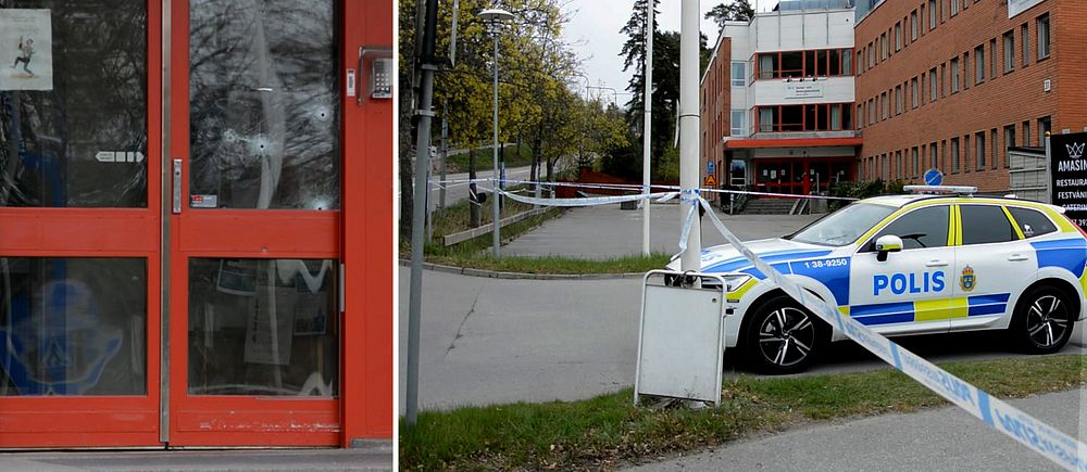 Delad bild. Till vänster: entrédörr med skotthål. Till höger: polisbil vid avspärrat område vid byggnad.