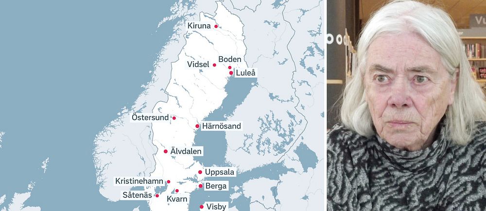 Karta som visar 15 platse ri Sverige där NATO bygga baser och Ingela Mårtensson, Kvinnor för fred.