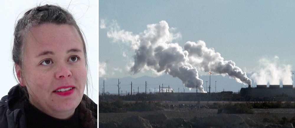 Julia Rensberg och bild från en fabrik som släpper ut partiklar i luften.