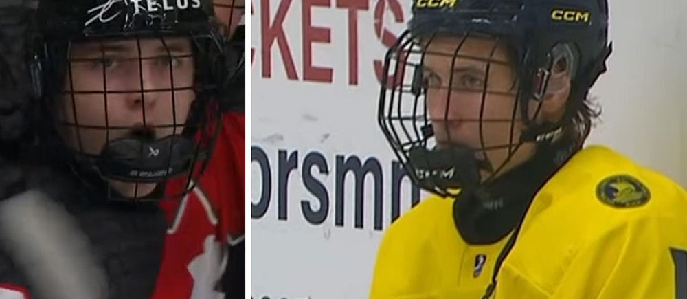 Delad bild. Till vänster hockeyspelare i röd tröja, till höger spelare i gul Tre Kronor-tröja.