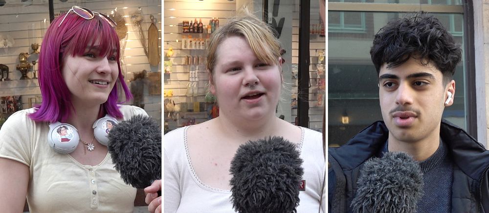Tredelad bild. Vänster: Person med lila hår intervjuas. Mitten: Person med blont hår intervjuas. Höger: Person med mörkt lockigt hår intervjuas.
