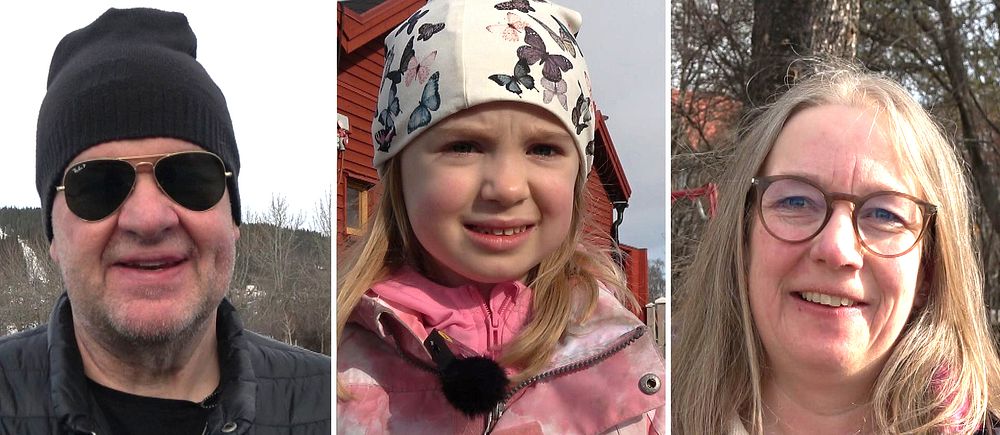 Tre personer en man, ett barn och en kvinna ute på stan i Östersund