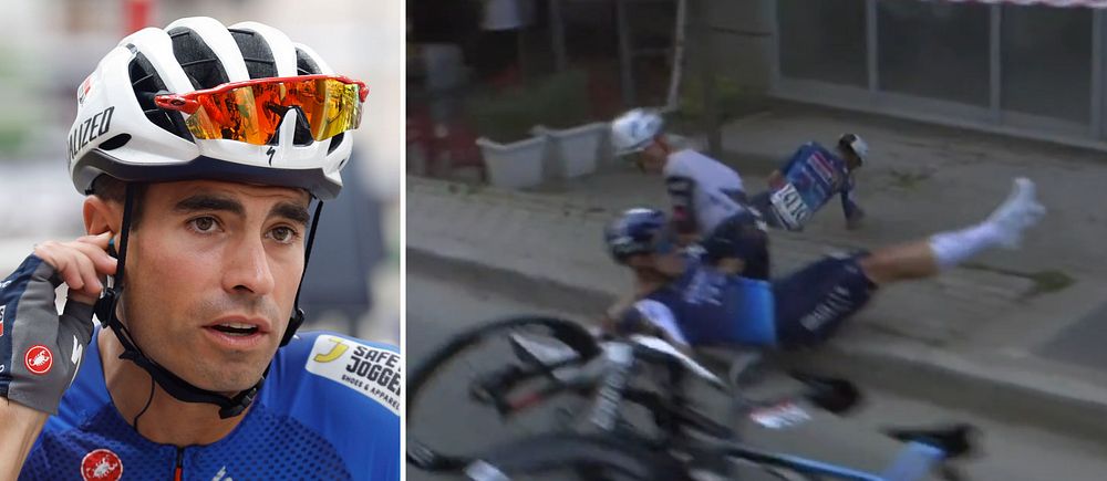 Delad bild. Till vänster cyklist i tävlingsdräkt. Till höger cyklister kraschar under ett lopp.