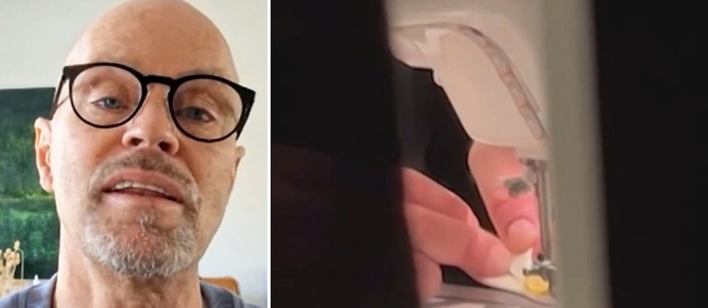 Tvådelad bild. Till höger: hand justerar en symaskinsnål.