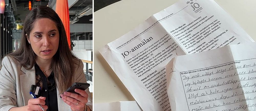 Delad bild. Till vänster: person sitter med dokument och mobil. Till höger: närbild på JO-anmälan.