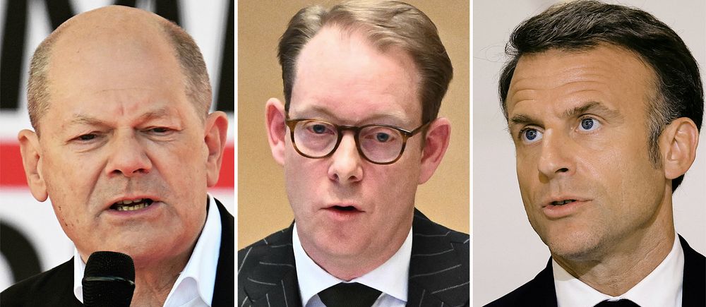 Olaf Scholz, Tobias Billström och Emmanuel Macron.
