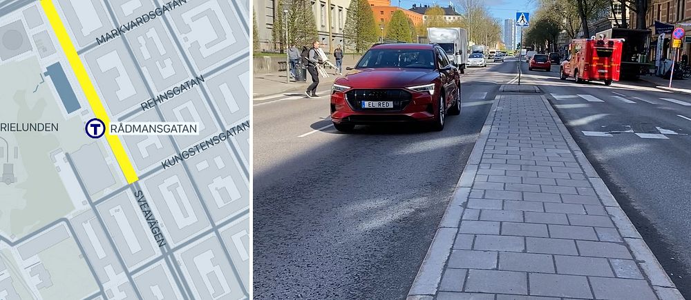 Till vänster: Karta på delen av Sveavägen som stängs av. Till höger: Bilar på Sveavägen.