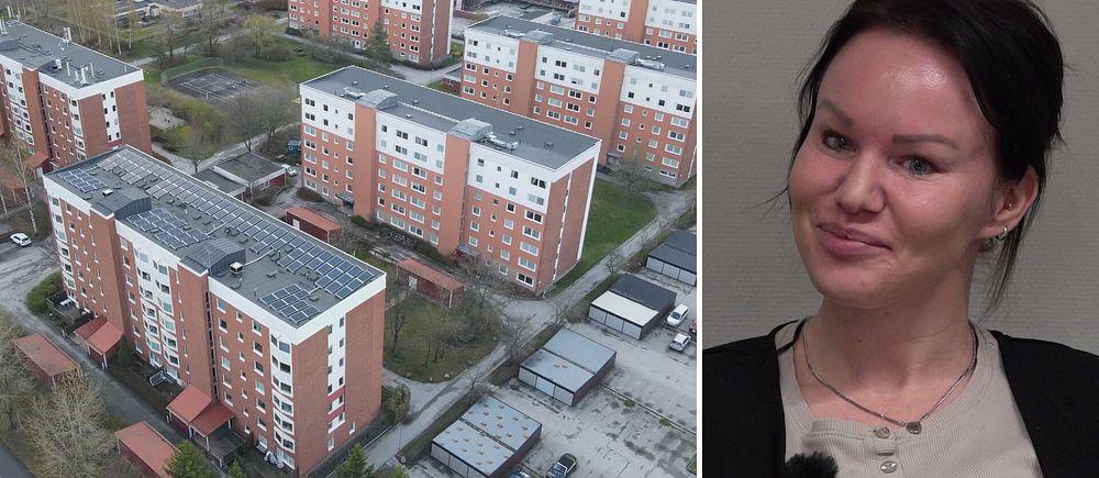Flera vita och röda flervåningshus i ett bostadsområde sett från ovan.