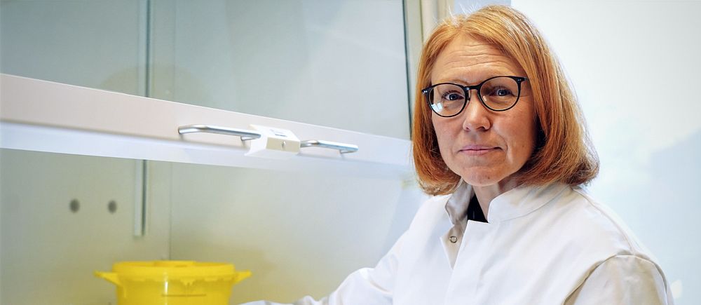 Person i labbrock hanterar provrör i ett laboratorium.