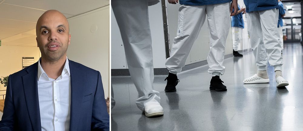 En tvådelad bild. I den ena bilden en man. I den andra vårdanställdas ben.