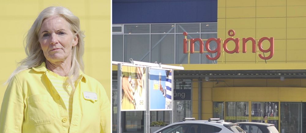 Tvådelad bild. Till vänster: person i gul jacka. Till höger: entrén till en IKEA-butik.