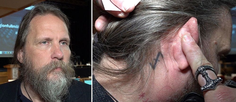 Delad bild. Till vänster: person med långt skägg. Till höger: närbild på ett tatuering bakom öra.