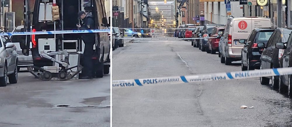 Polisens bombrobot samt avspärrade gator i Norrköping.