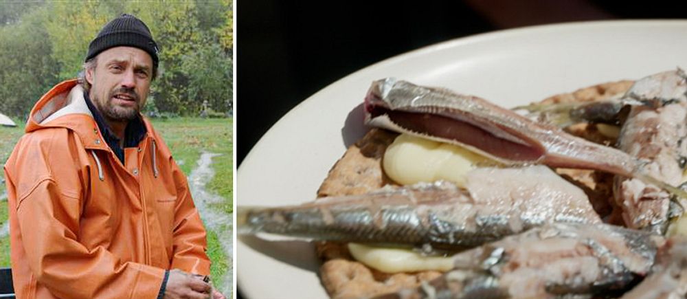 Tvådelad bild. Vänster: fiskare i regnrock. Höger: ansjovis på knäckebröd med gräddfil.