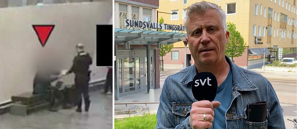 Till vänster en blurrad man som sitter på en bänk och polisen står framför honom, till höger en bild på SVT:s reporter Patric Sellén som står med en mikrofon i handen och tittar in i kameran.