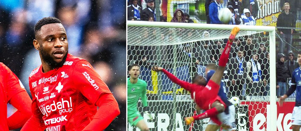Delad bild. Vänster: Fotbollsspelare i rött ställer upp sig. Höger: Cykelsparksmål i match.