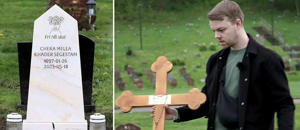 Albin Segestam, ung man i svart tunn jacka på kyrkogård i Göteborg, bär ett kors i handen och tittar på gravsten till sin avlidna fru Chera