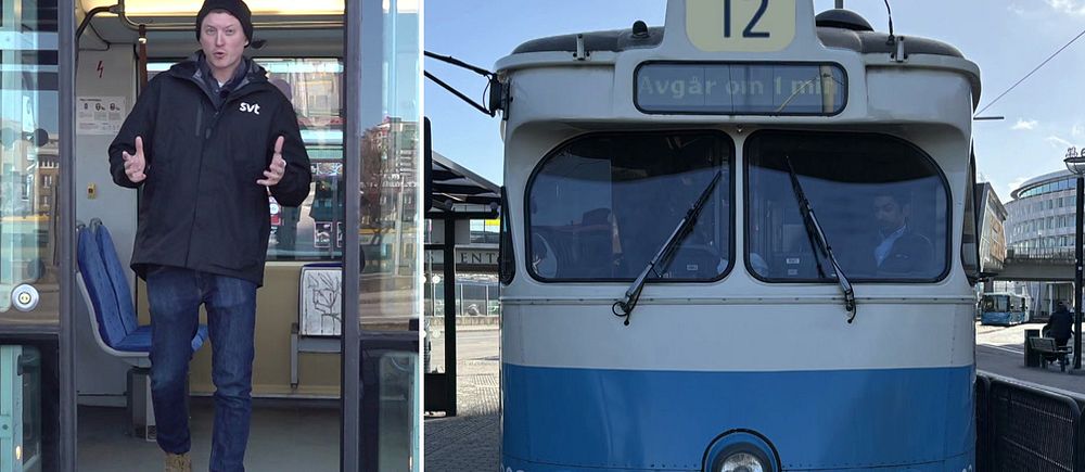 Tvådelad bild. Vänster: man kliver av spårvagn. Höger: front av spårvagn nummer 12.