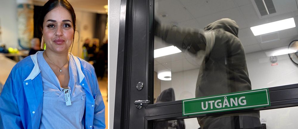 I bild till vänster undersköterskan Tallar Mustafa. I bild till höger: två män med huvjackor utanför luckan på akuten, varav en bankar på dörren.