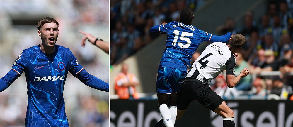 Delad bild. Vänster: fotbollsspelare gestikulerar. Höger: hård duell mellan två spelare.
