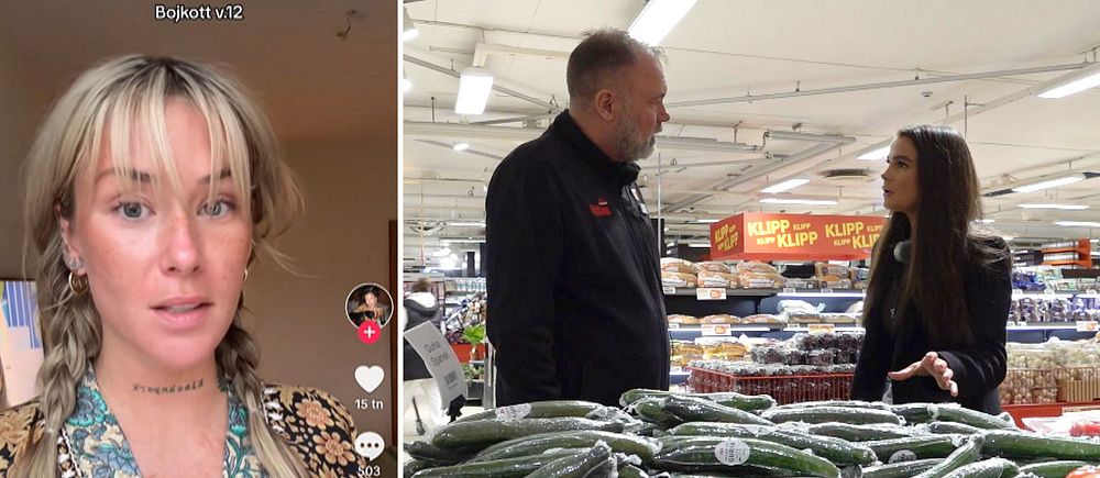 Tvådelad bild. Vänster: klädd person i mönstrat plagg. Höger: samtal vid grönsaksdisk i matbutik.