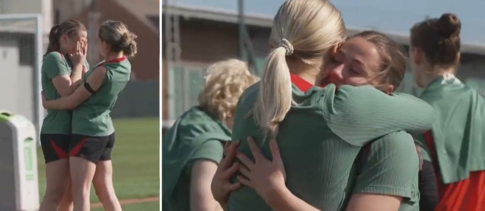 Tvådelad bild. Till vänster: Fotbollsspelare kramas. Till höger: Spelare i lagkram.
