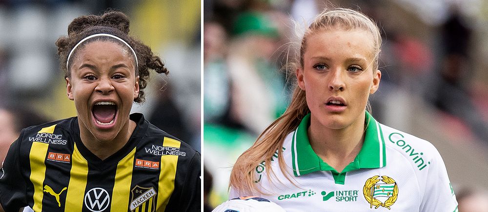 Delad bild. Vänster: spelare i gulsvart fotbollströja. Höger: spelare i vitgrön fotbollströja.