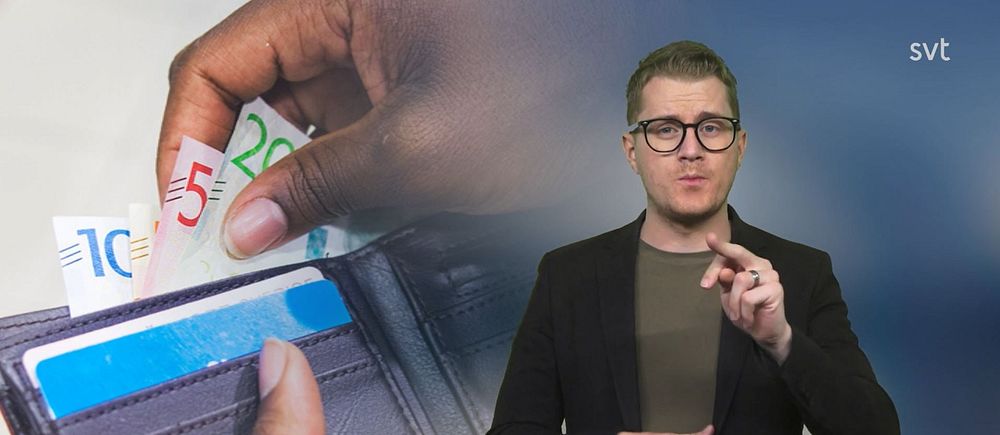 Magnus tecknar ”kronor” vid en bild på plånbok med pengar