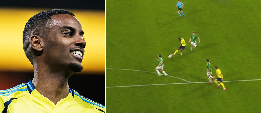 Tvådelad bild. Vänster: Fotbollsspelare i Sveriges landslagströja. Höger: Matchsekvens med spelare och domare.