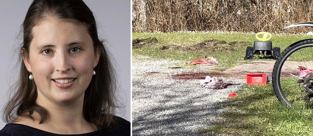 Delad bild. Till vänster: person i mörk tröja. Till höger: cykel och leksaker på grusväg.